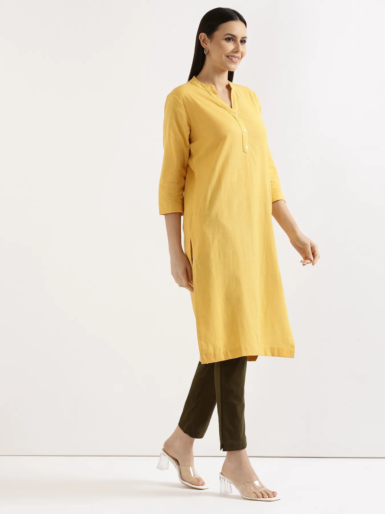 Women Yellow Airy Linen Long Kurta