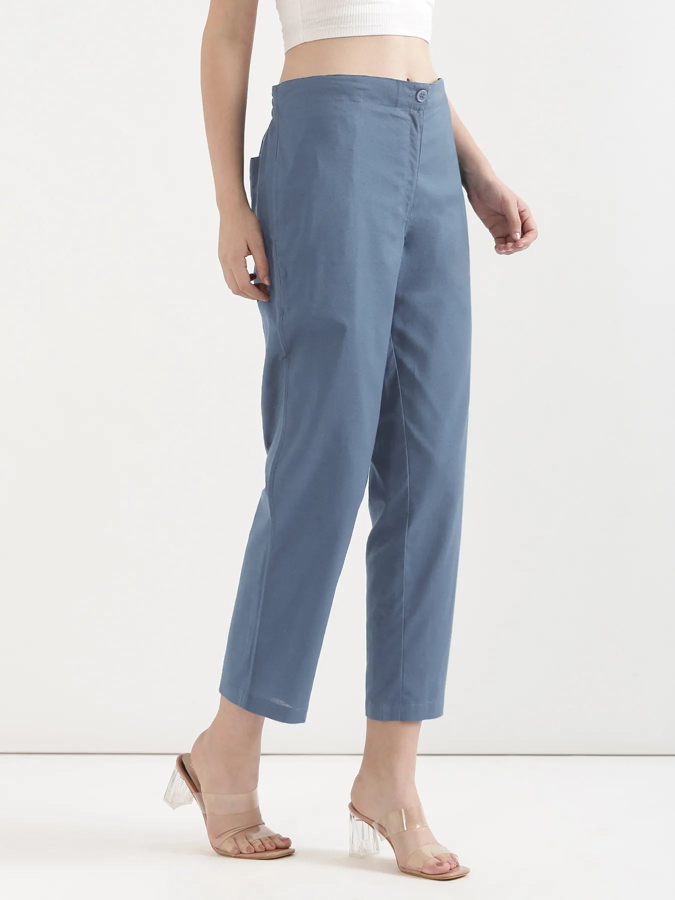 Women English Blue Airy Linen Straight Pants