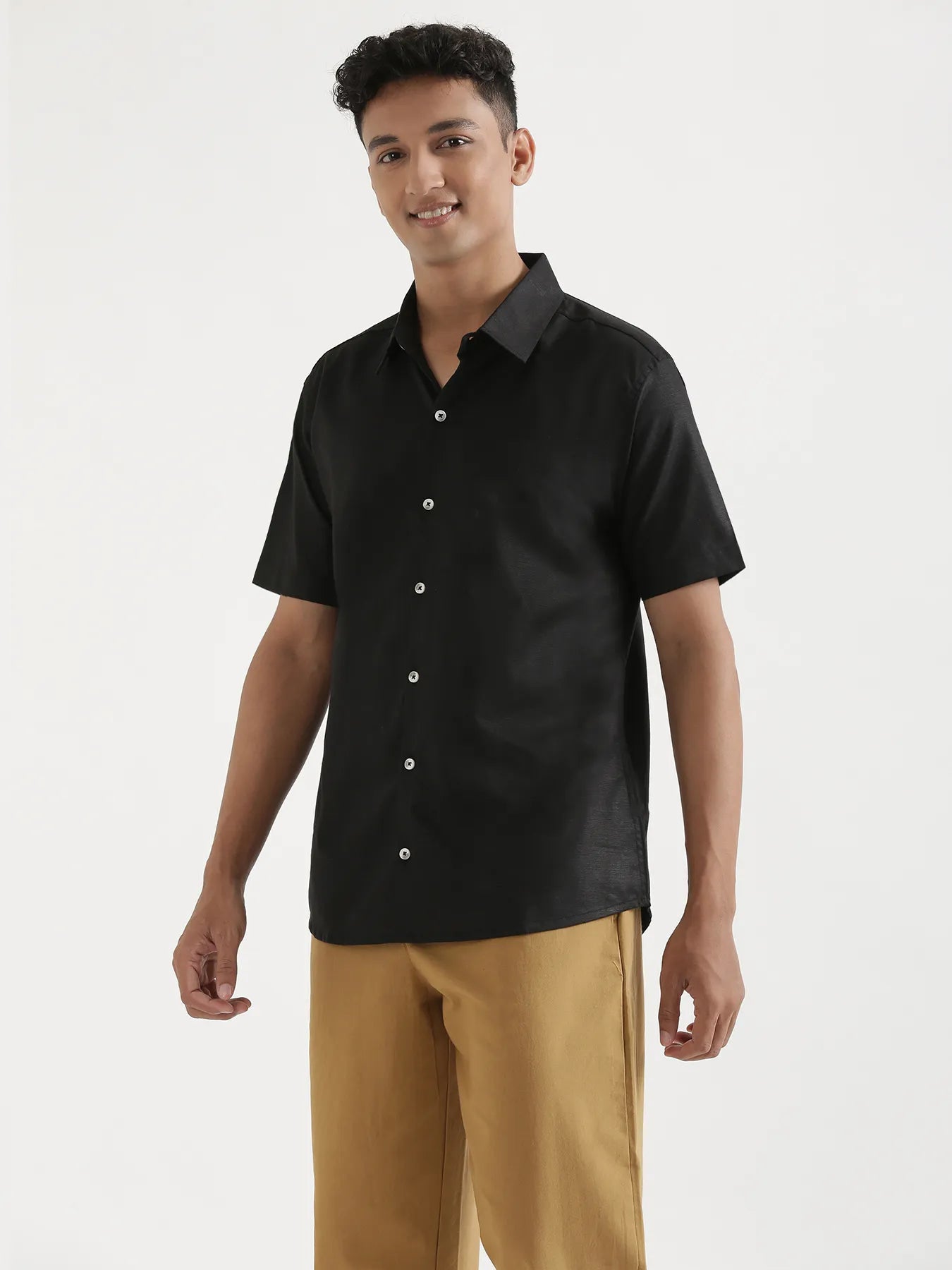 Men Black Linen Blend Short Sleeve Shirt