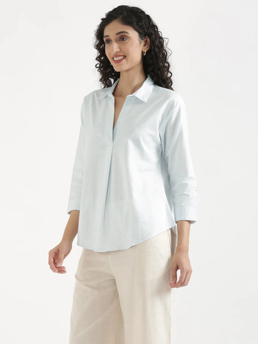 Women Powder Blue Linen Blend Pleated Top & Ecru Airy Linen Wide Leg Pants Pant Set