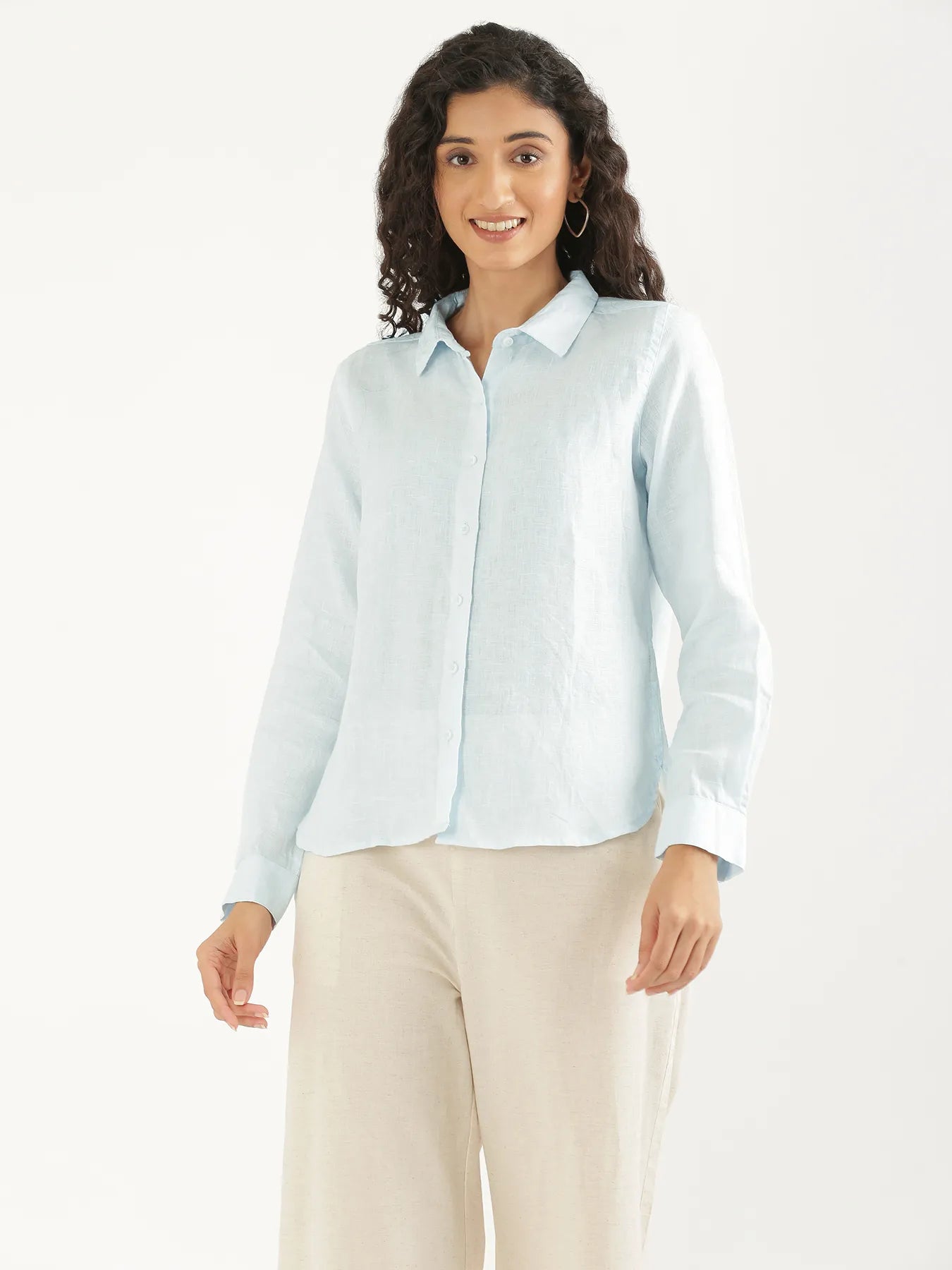 Women Light Blue Pure Linen Shirt