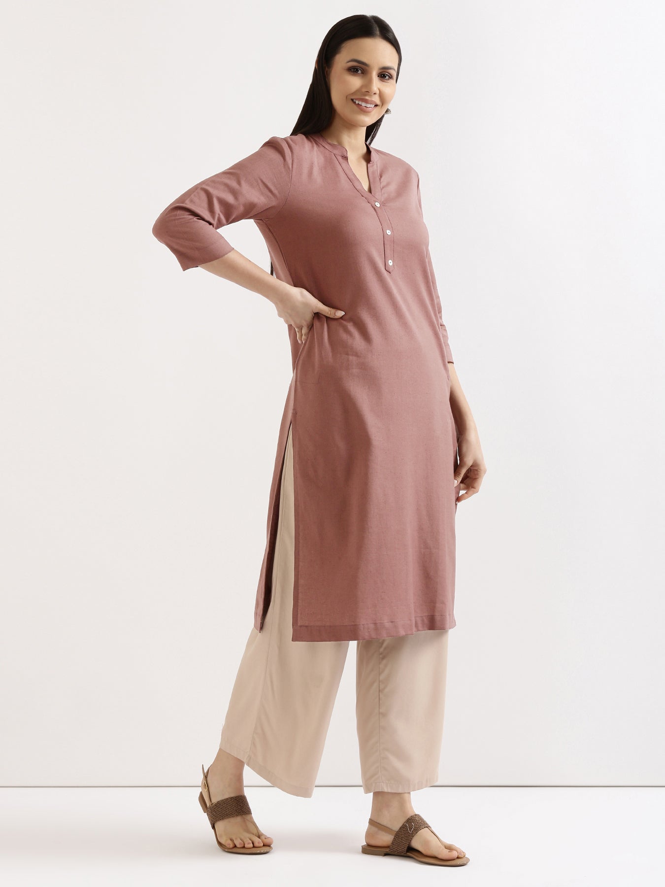 Rose Taupe Airy Linen Long Kurta