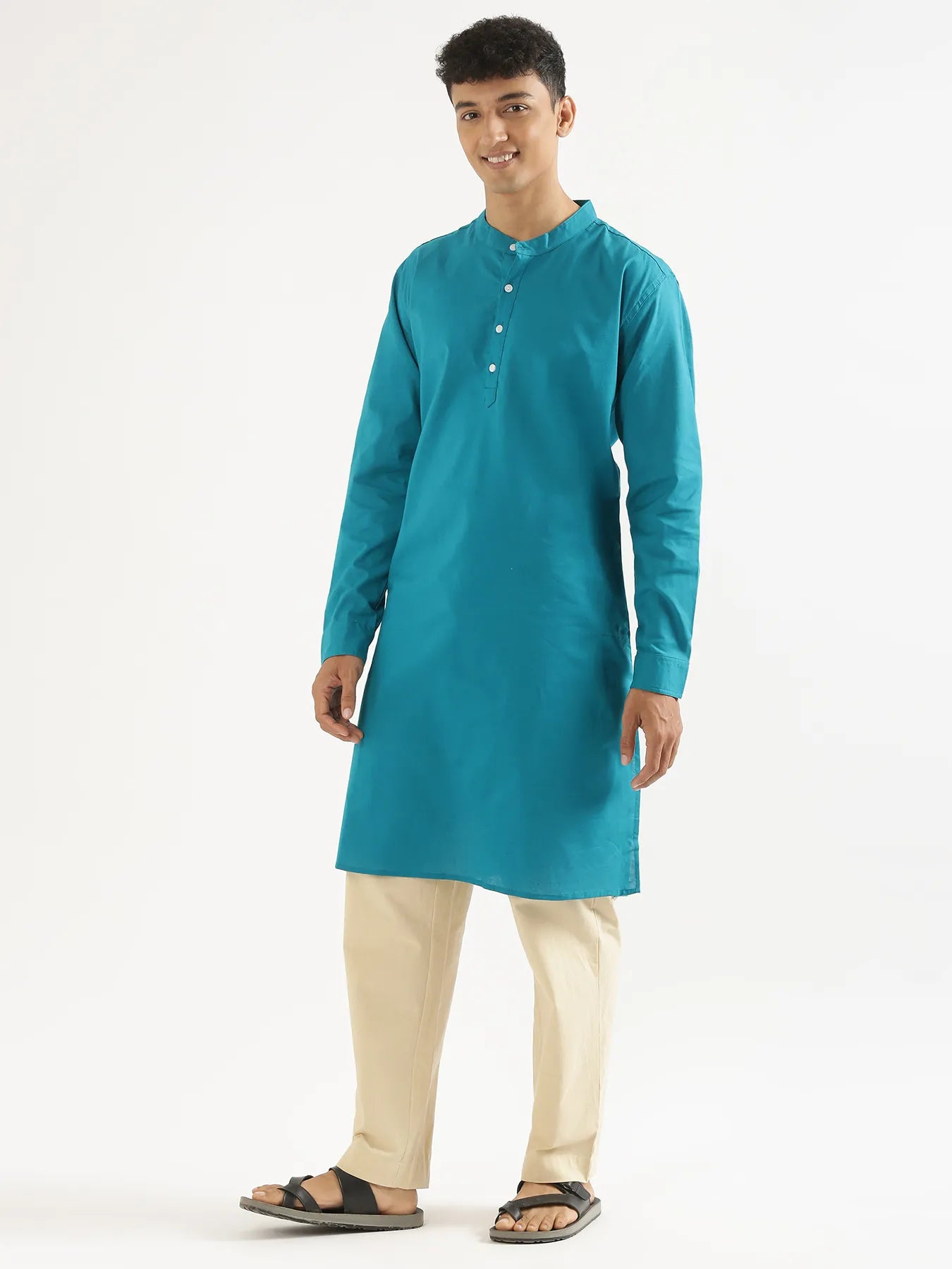 Men Teal Airy Linen Long Kurta