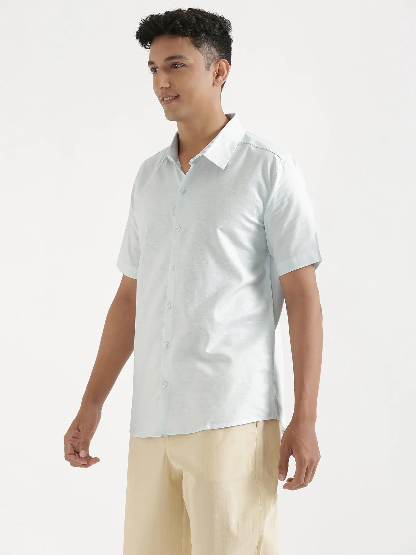 Men Powder Blue Linen Blend Short Sleeve Shirt & Beige Cotton Pant Set