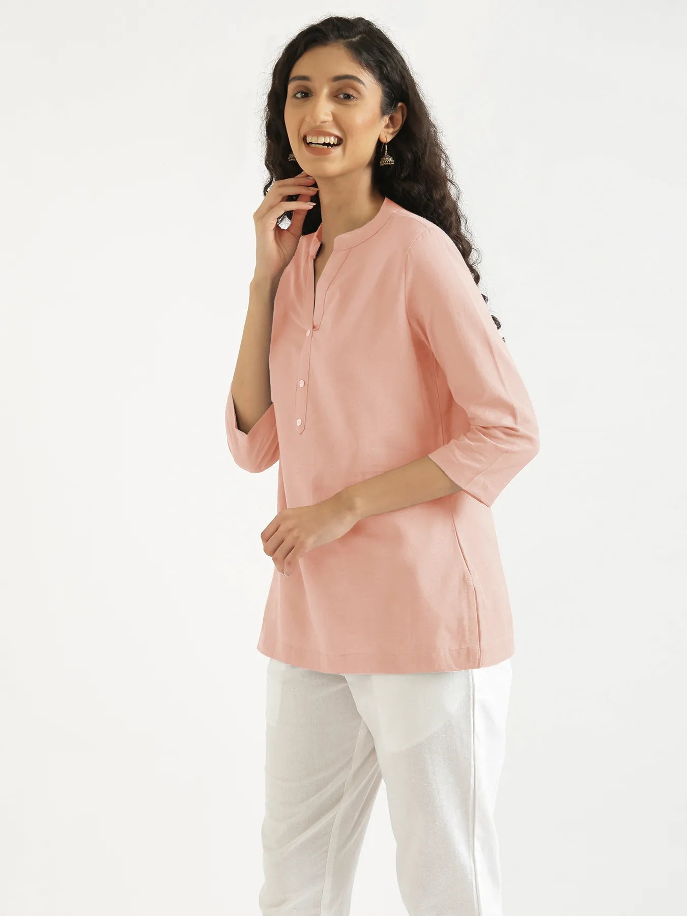 Women Salmon Pink Airy Linen Short Kurta