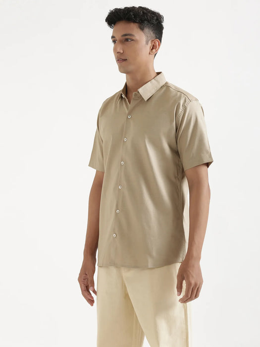 Men Taupe Linen Blend Short Sleeve Shirt & Beige Cotton Pant Set