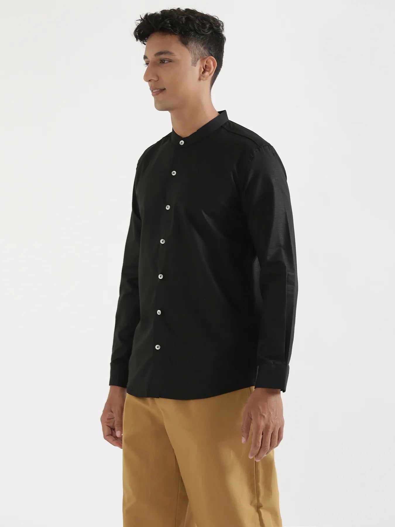 Men Black Linen Blend Mandarin Collar Shirt
