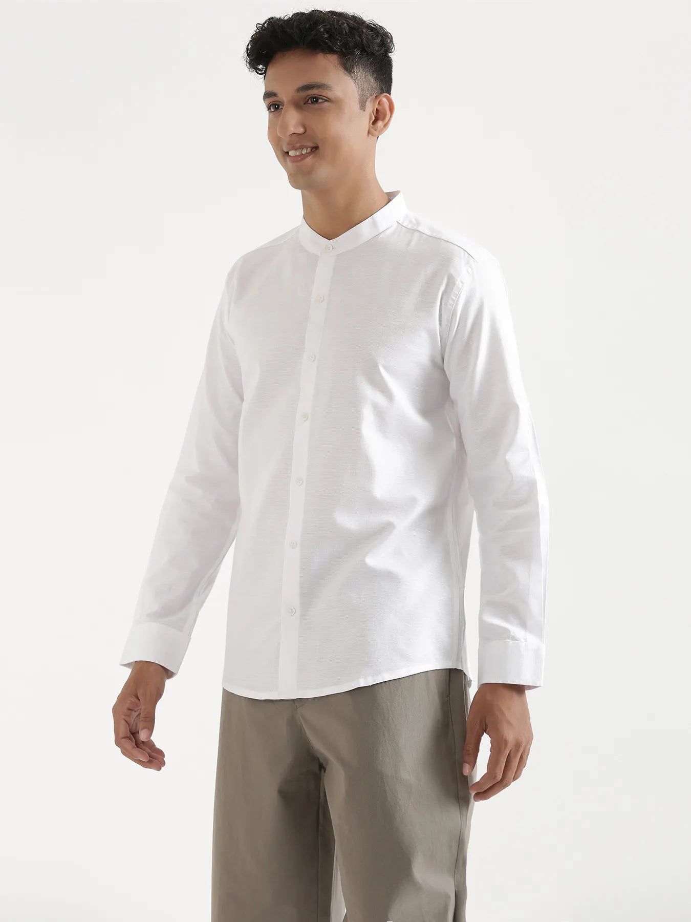 Men White Linen Blend Mandarin Collar Shirt