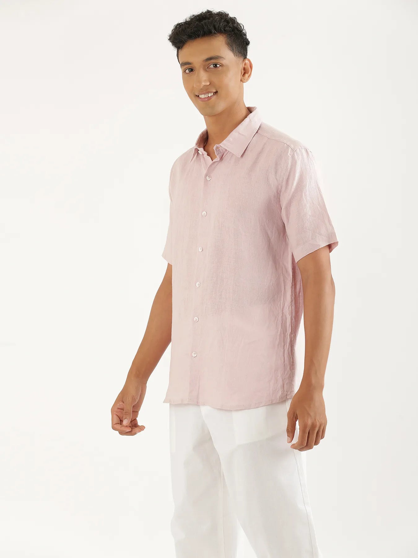 Men Light Pink Pure Linen Short Sleeve Shirt