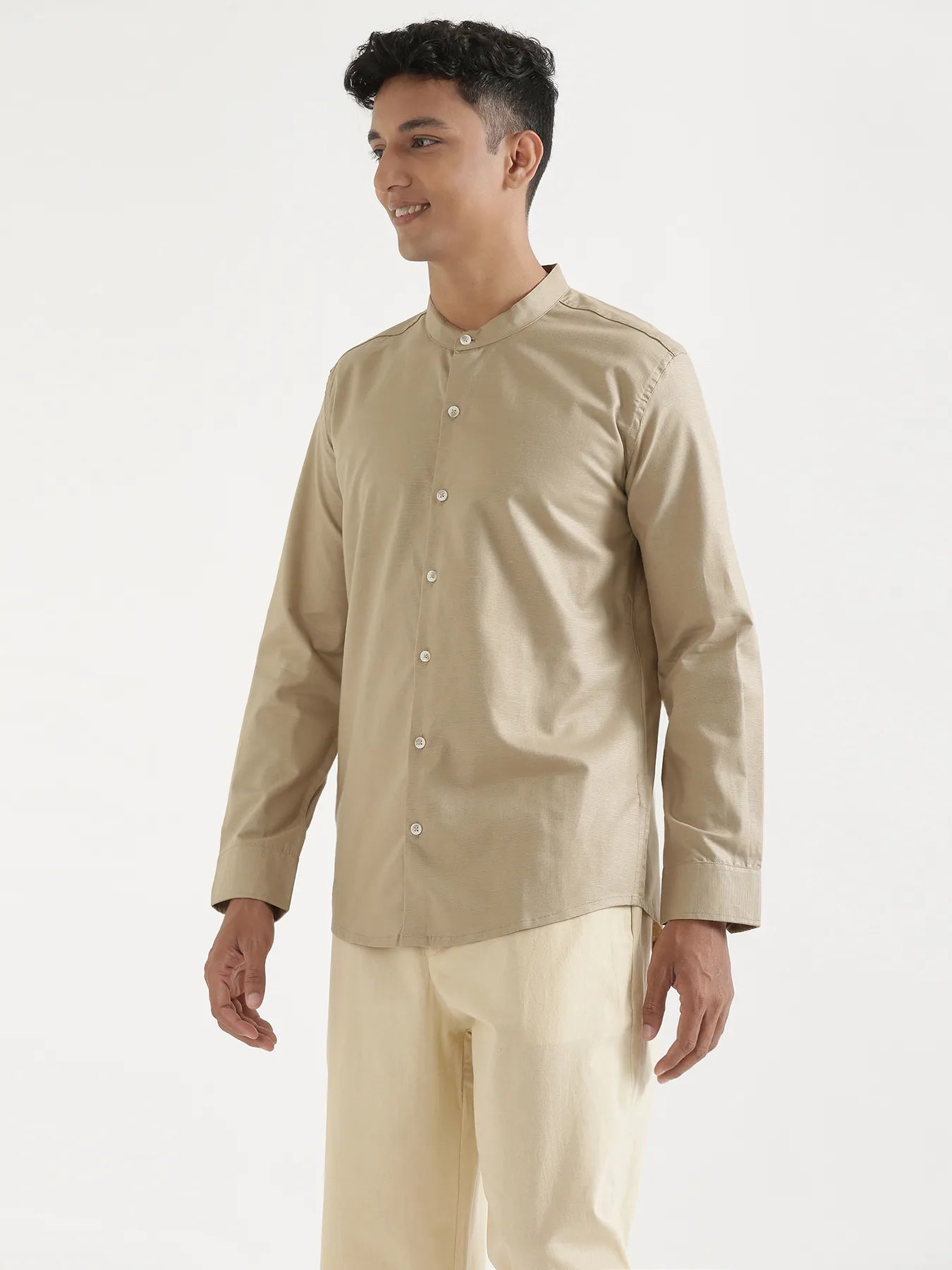 Men Taupe Linen Blend Mandarin Collar Shirt