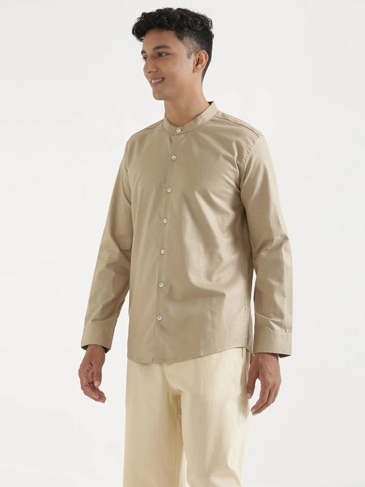 Men Taupe Linen Blend Mandarin Collar Shirt