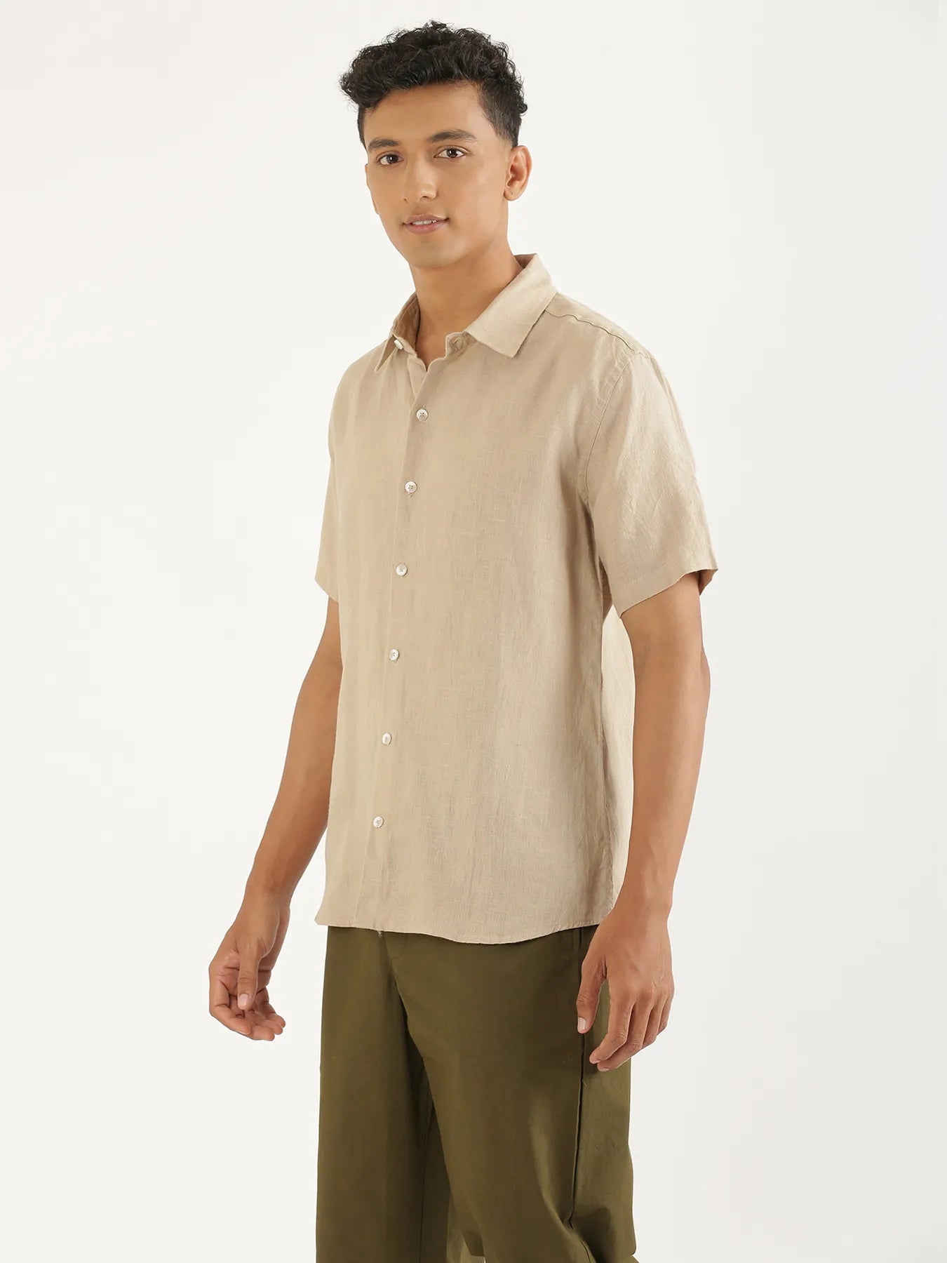 Men Taupe Pure Linen Short Sleeve Shirt