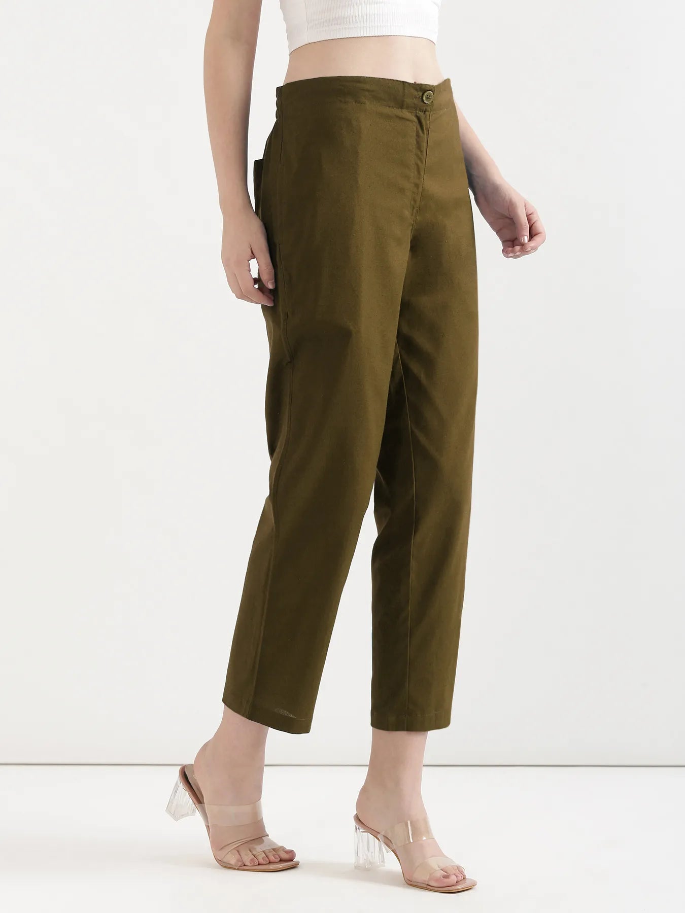 Women Olive Green Airy Linen Straight Pant