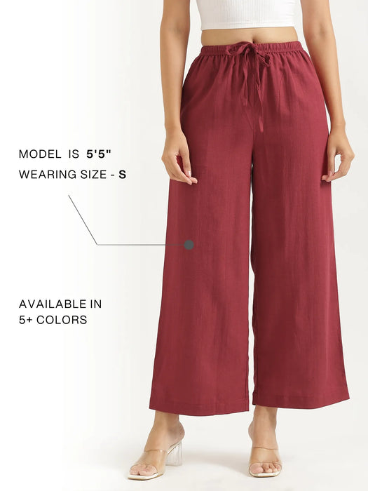 Women Maroon Flowy Linen Wide Leg Pants