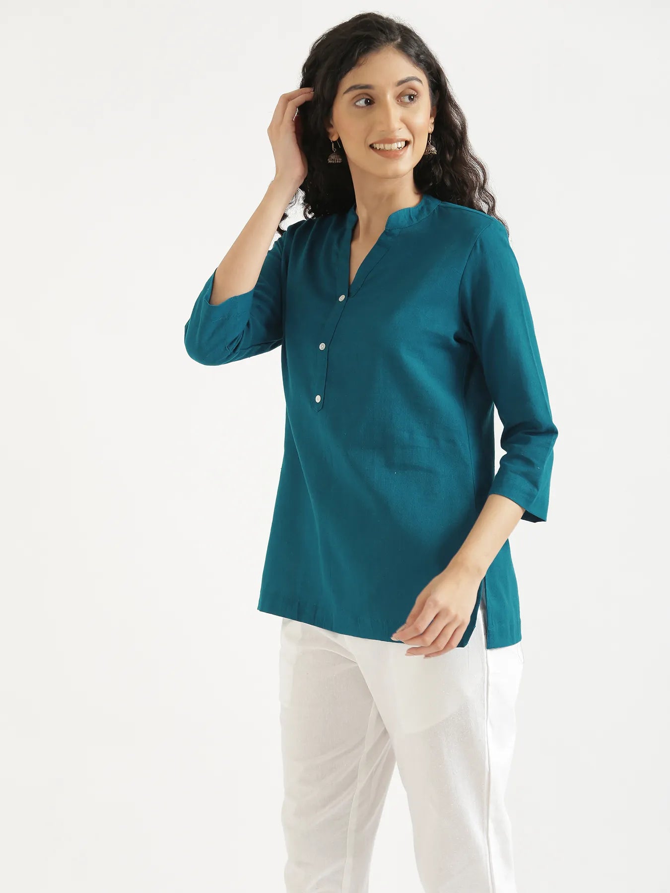 Women Turquoise Airy Linen Short Kurta