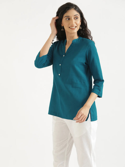 Women Turquoise Airy Linen Short Kurta