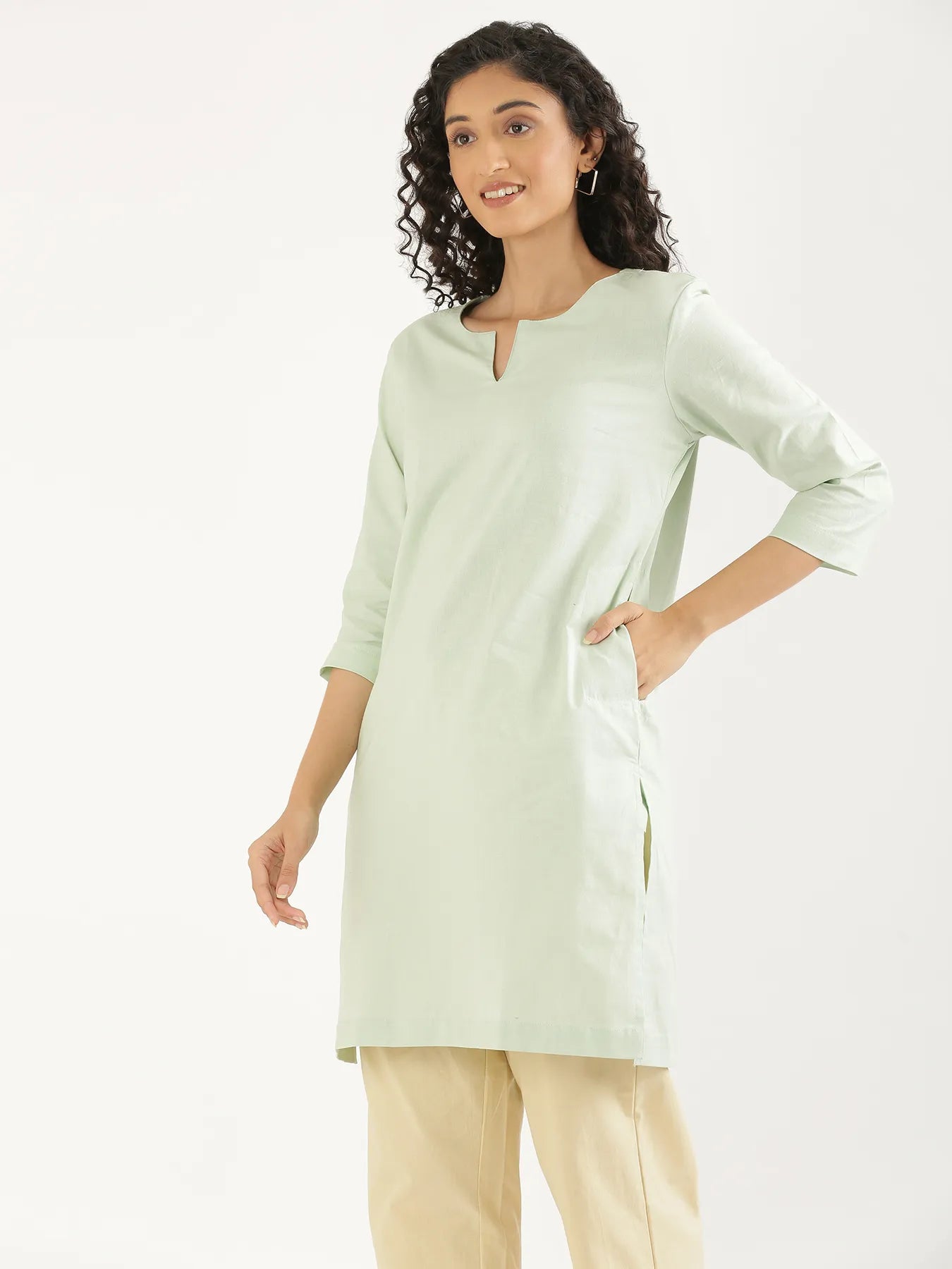 Women Mint Green Airy Linen Mid Thigh Length Kurta