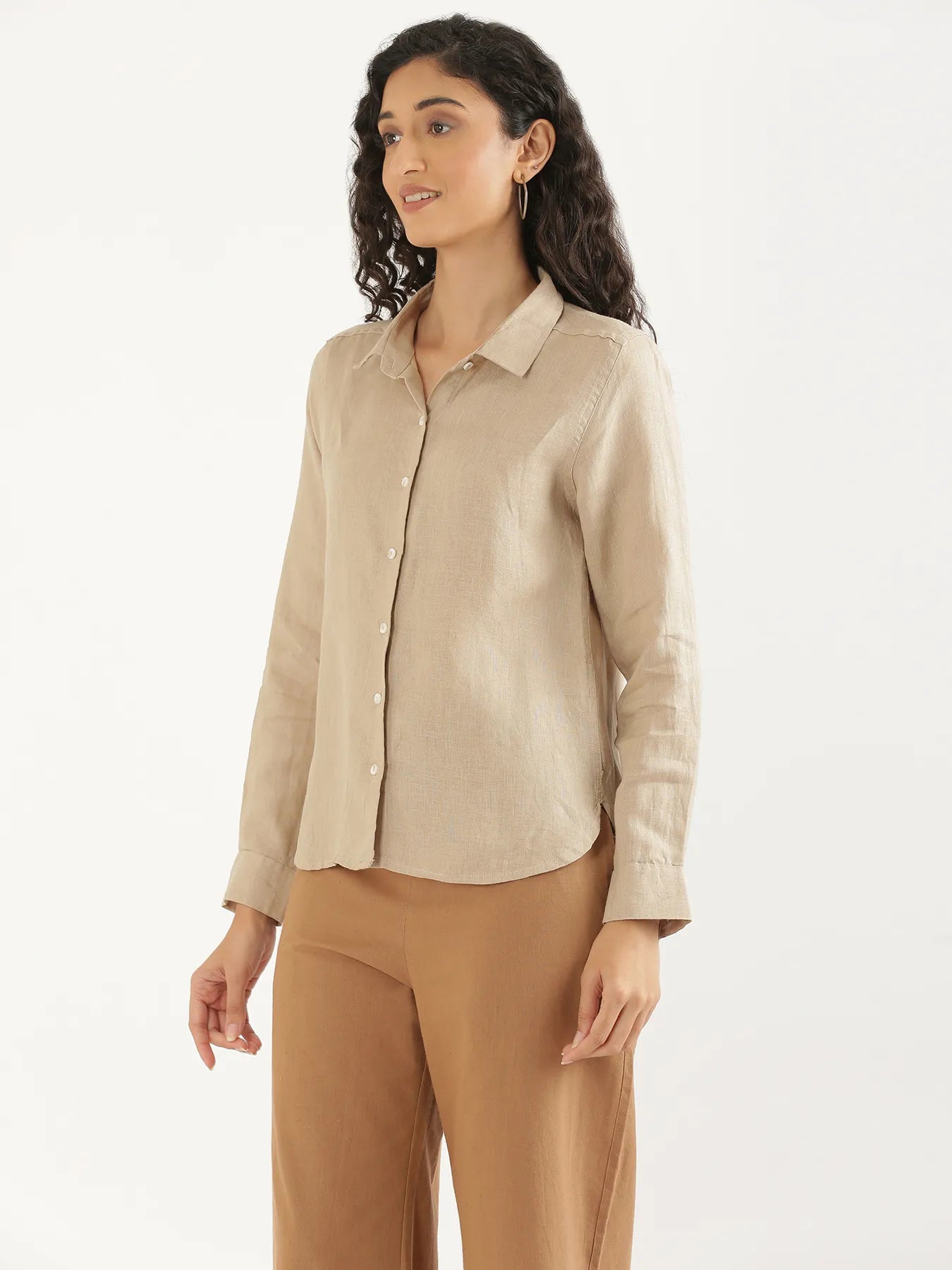Women Taupe Pure Linen Shirt