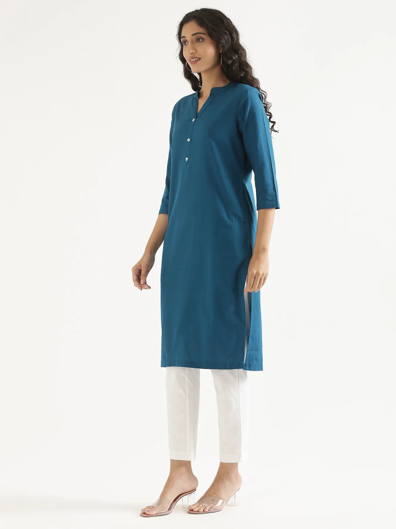 Women Turquoise Airy Linen Long Kurta