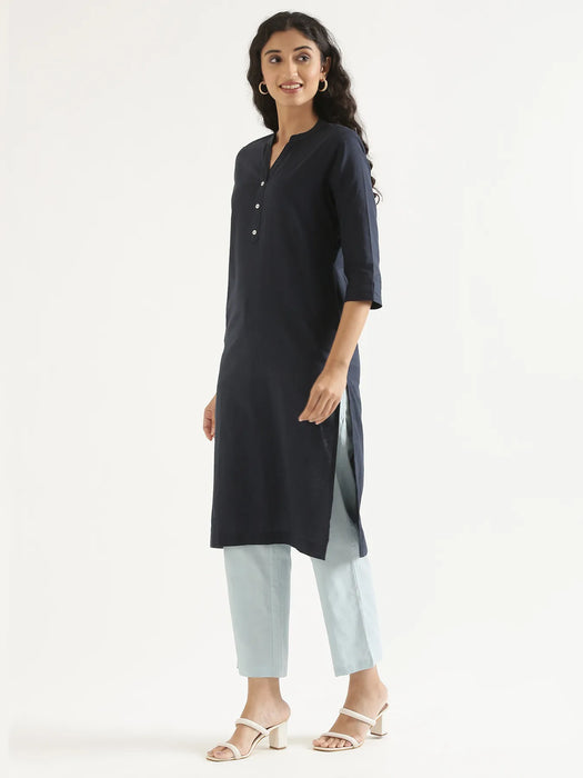 Women Navy Blue Airy Linen Long Kurta