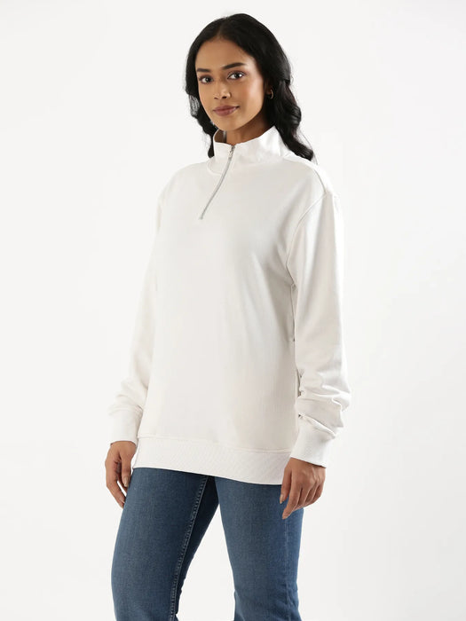 Unisex White Zip Neck Sweatshirt