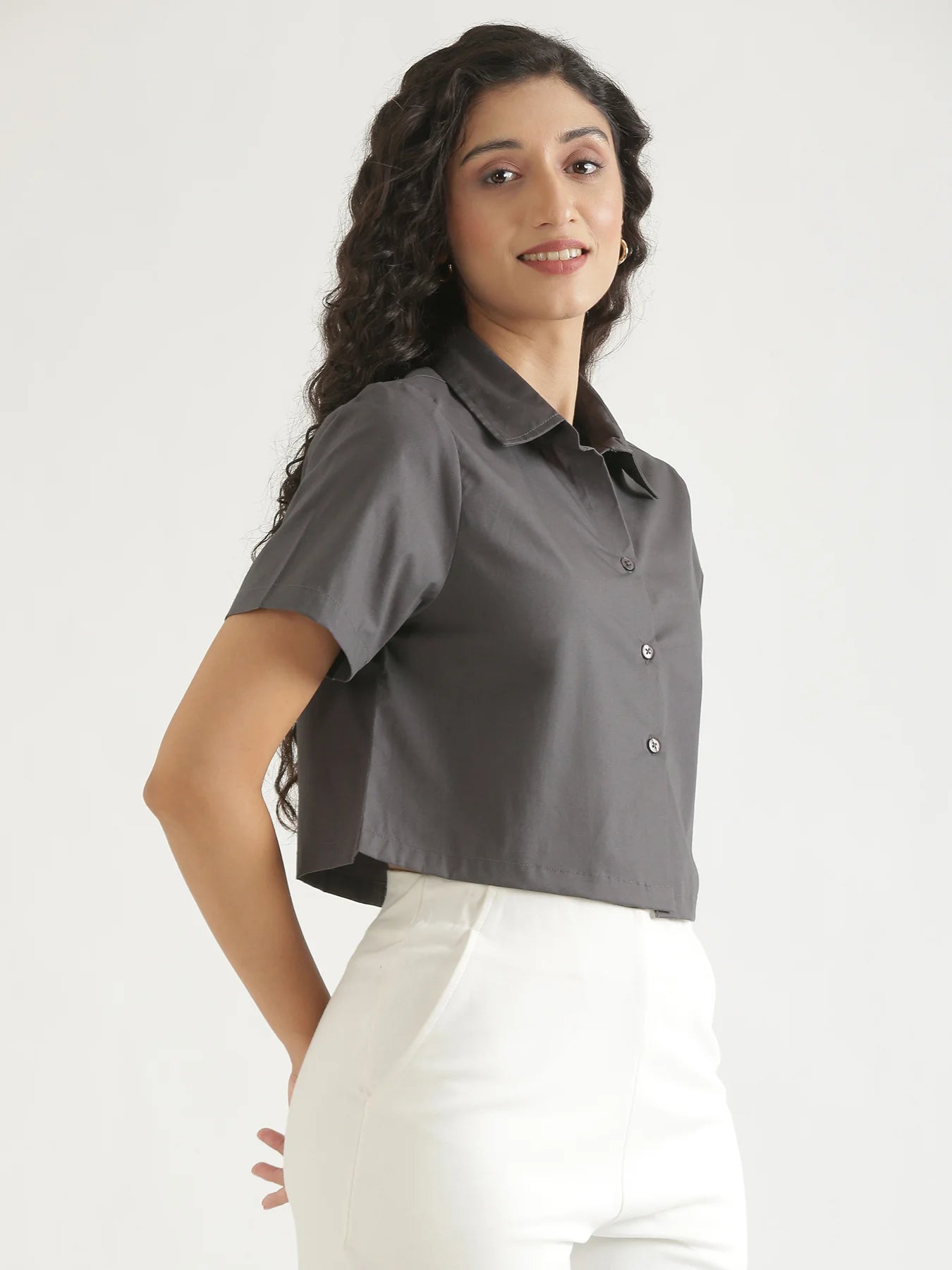 Women Dark Grey Better Cotton Crop Shirt