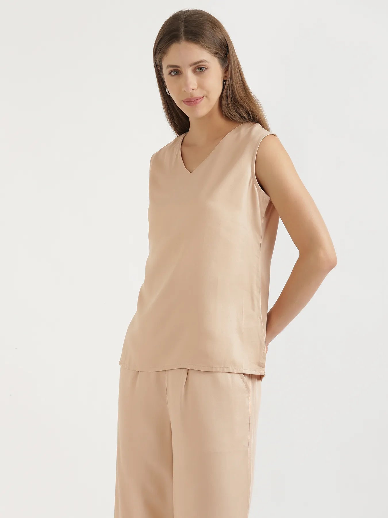 Women Beige V-Neck Sleeveless Top