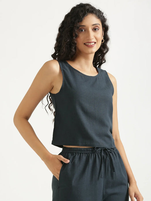 Women Navy Blue Flowy Linen Crop Top