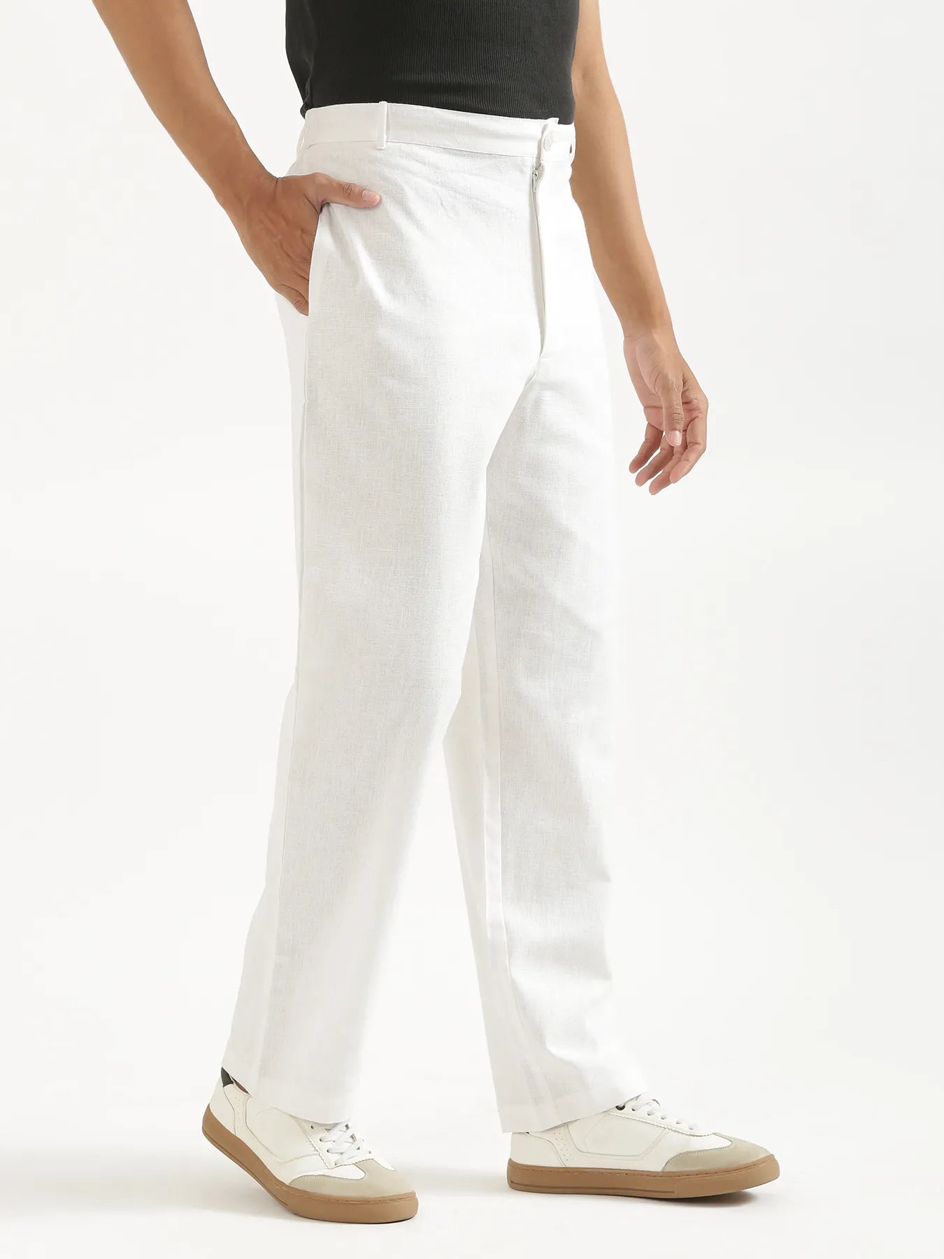 Men White Linen Blend Straight Pant
