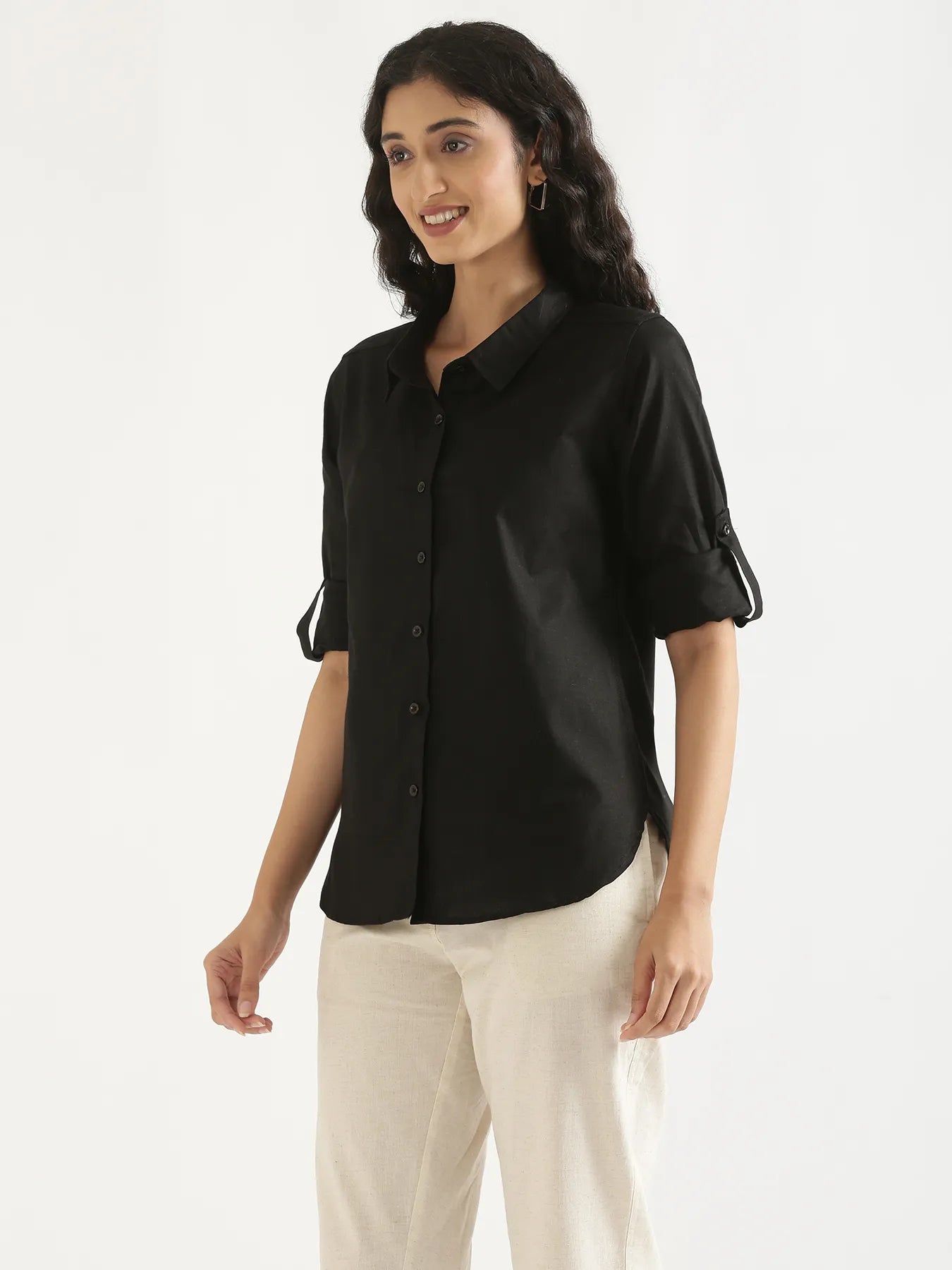 Women Black Airy-Linen Shirt