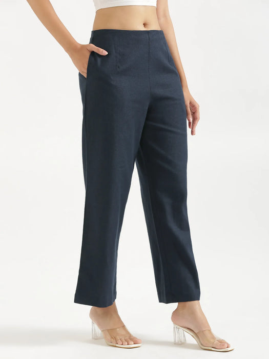 Women Navy Blue Linen Blend Wide Leg Pant