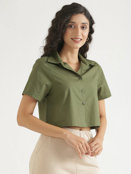 Women Forest Green Better Cotton Crop Shirt