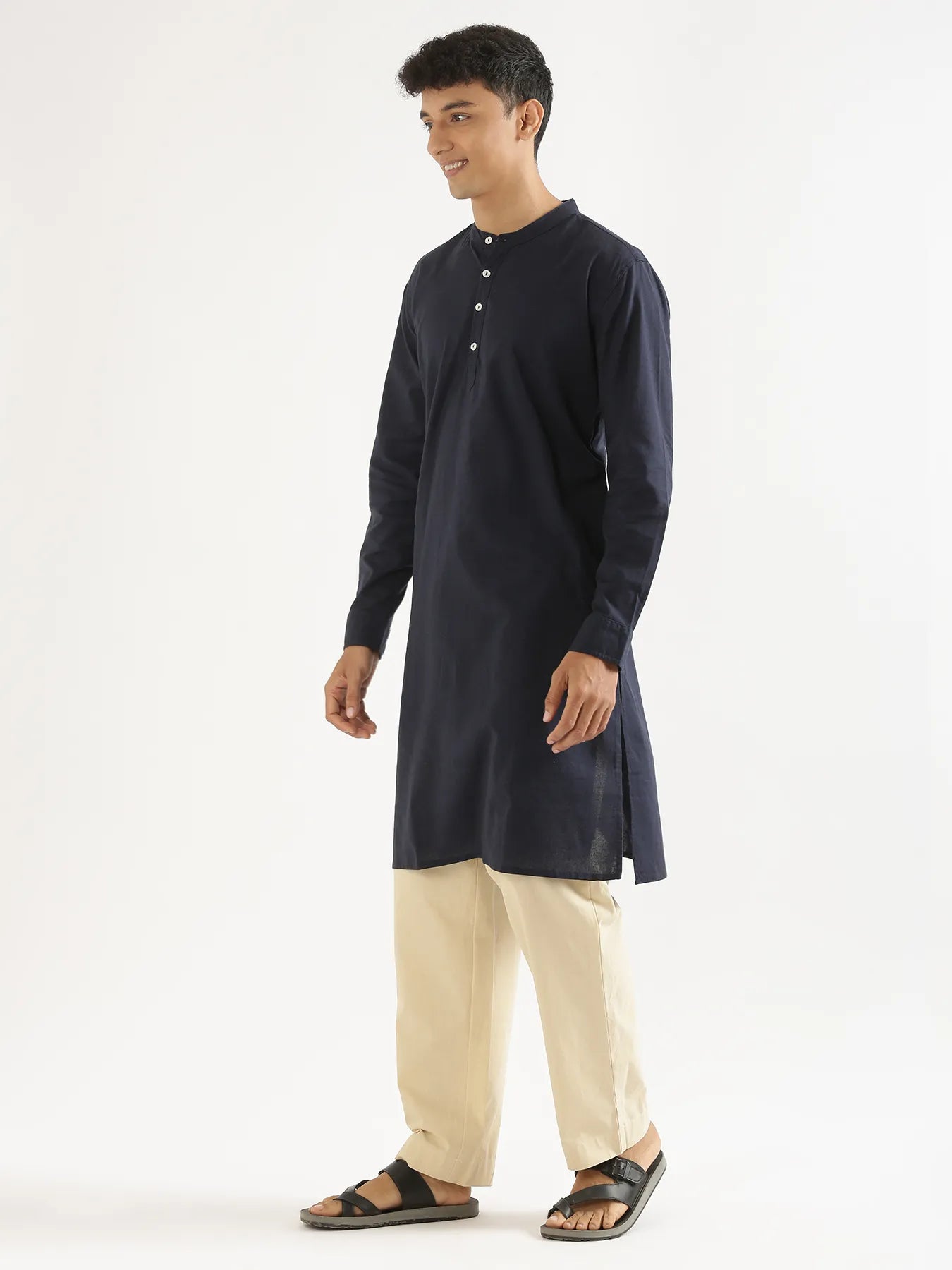 Men Navy Blue Airy Linen Long Kurta