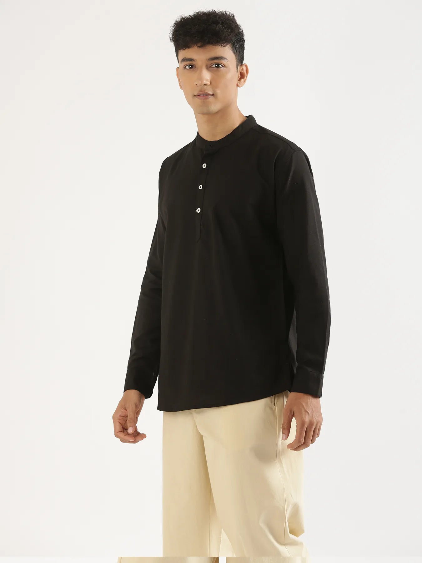 Men Black Airy Linen Short Kurta