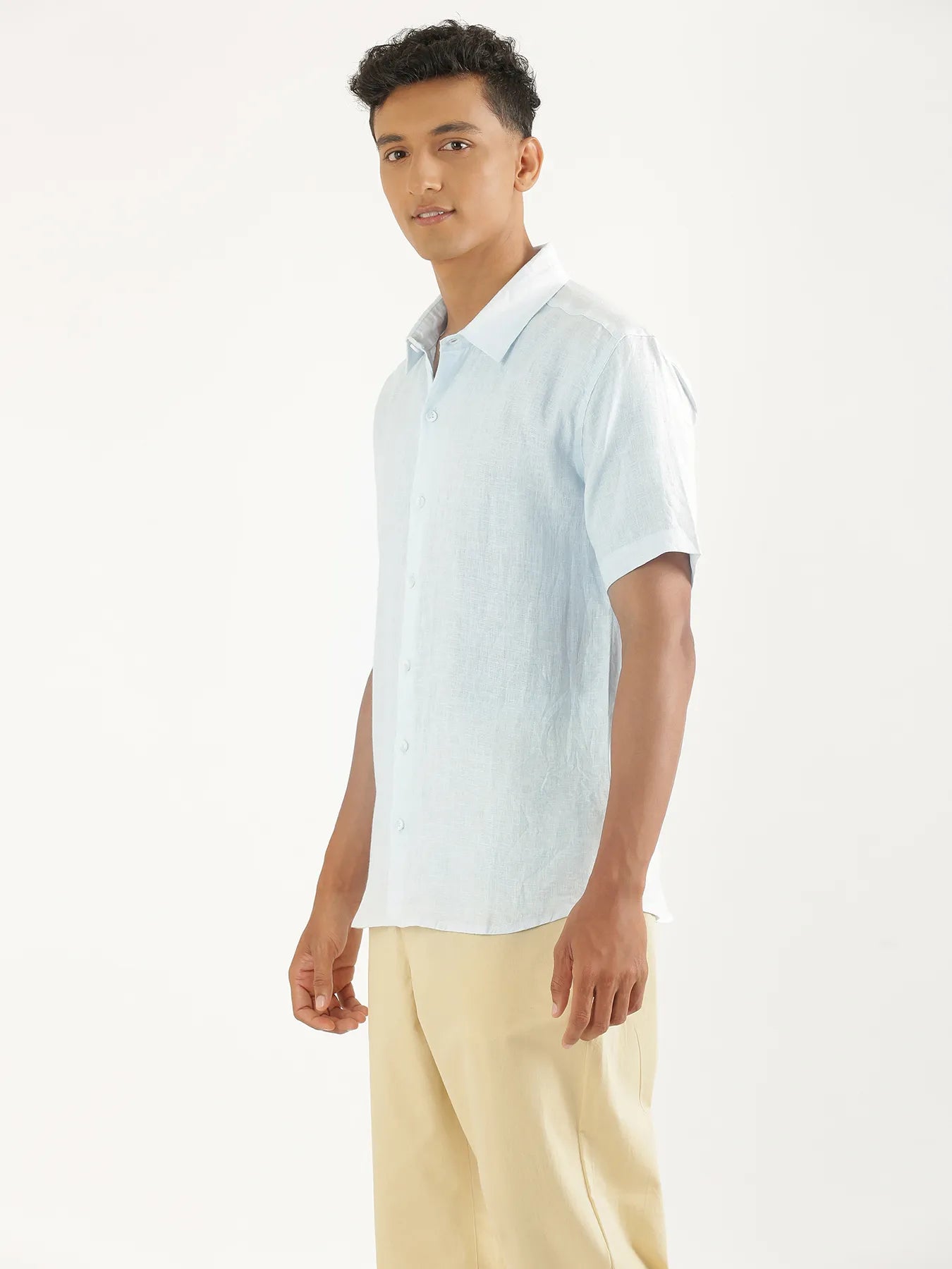 Men Light Blue Pure Linen Short Sleeve Shirt