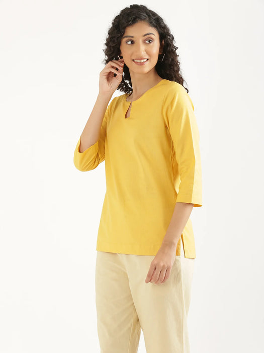 Women Yellow Airy Linen Split Neck Short Kurta