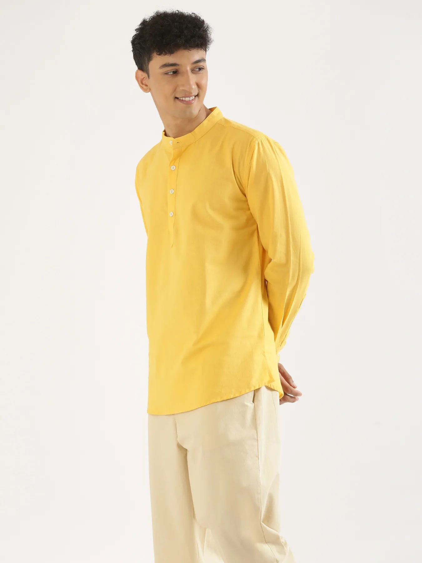 Men Yellow Airy Linen Short Kurta