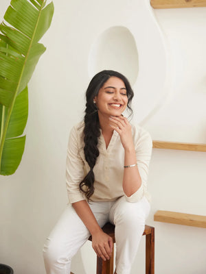 Ecru Short Kurta with White Cotton Pant