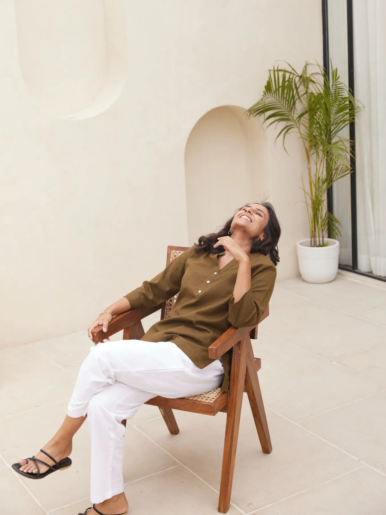 Olive Green Short Kurta with White Cotton Pant