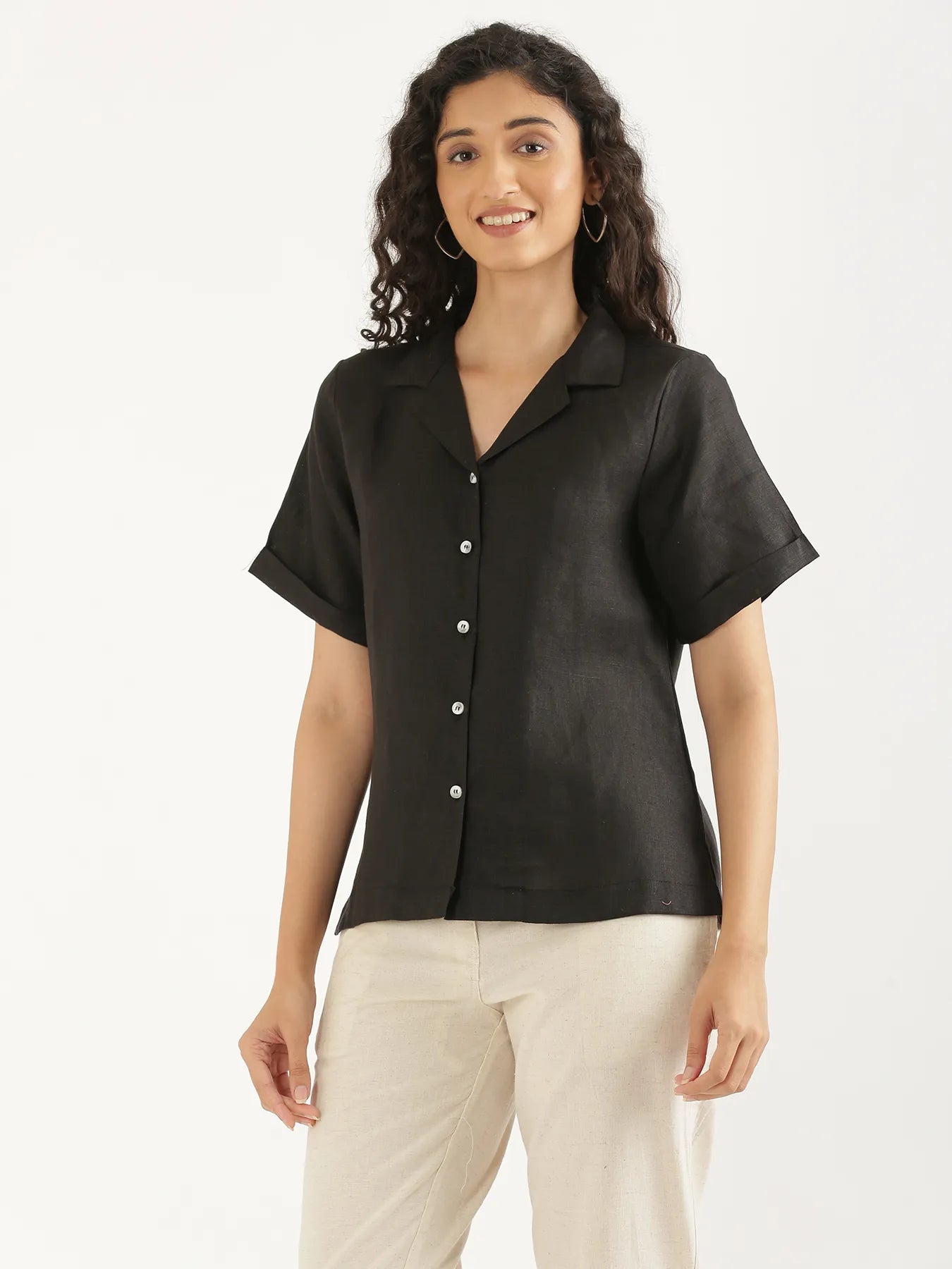 Women Black Pure Linen Notch Collar Shirt