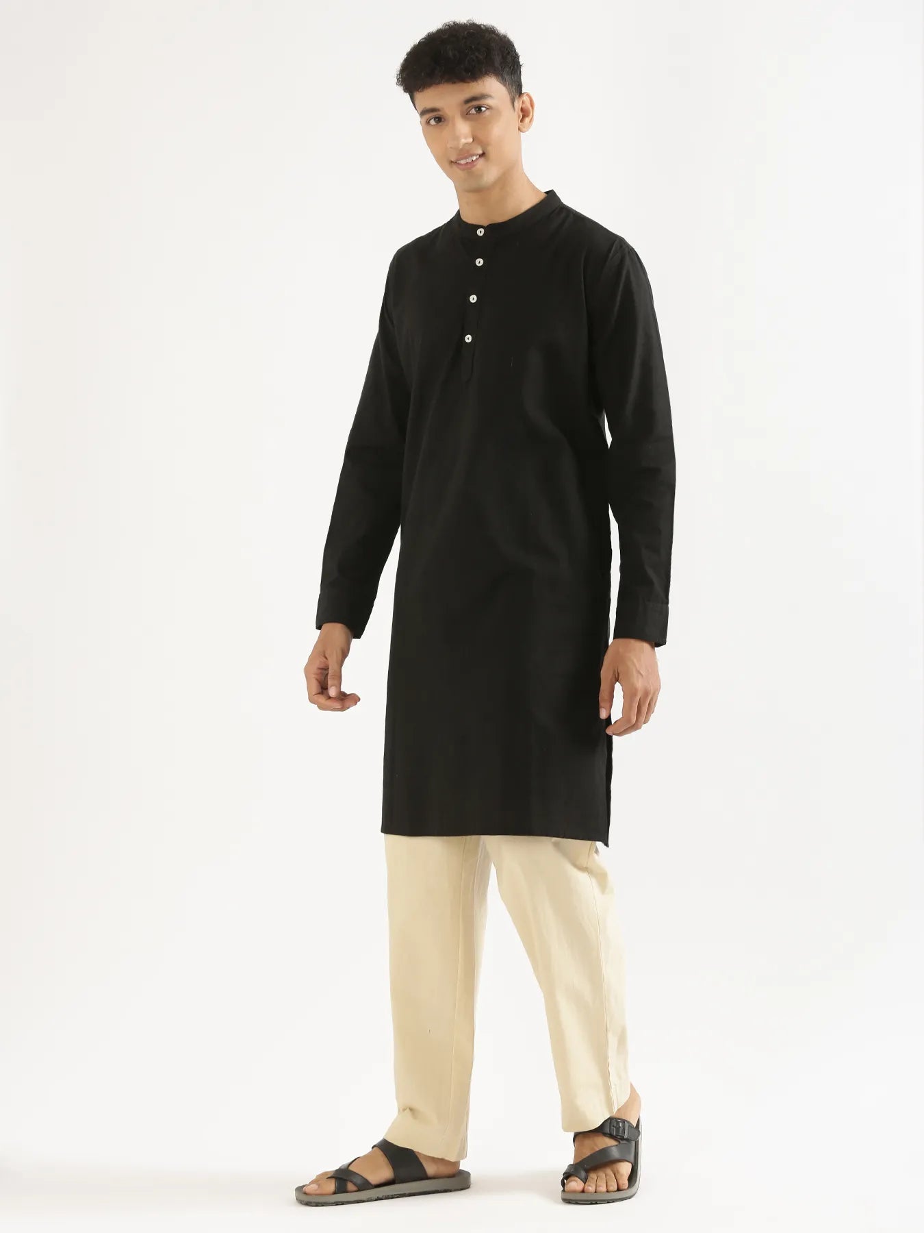 Men Black Airy Linen Long Kurta