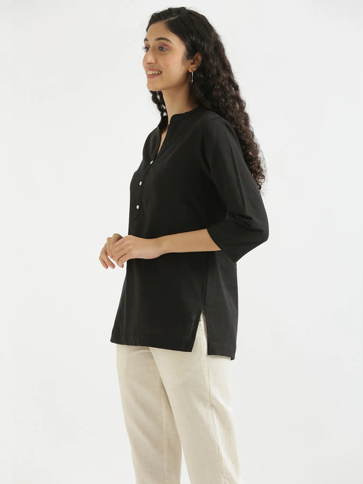 Women Black Airy Linen Short Kurta