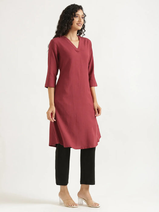 Women Maroon Flowy Linen A-Line Long Kurta
