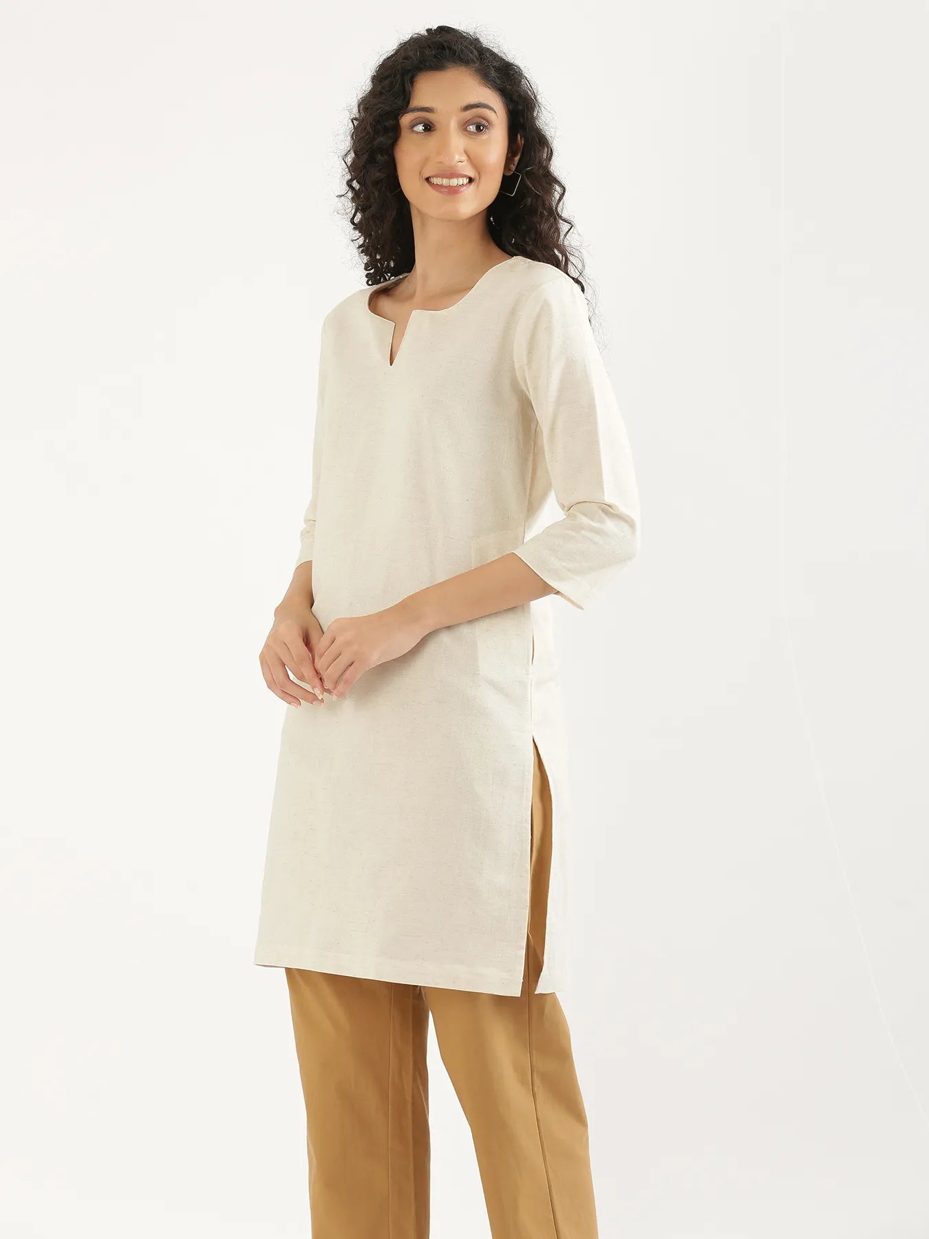 Women Ecru Airy Linen Mid Thigh Length Kurta