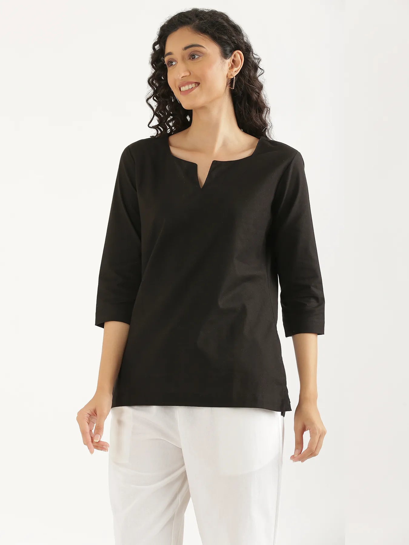 Women Black Airy Linen Split Neck Short Kurta