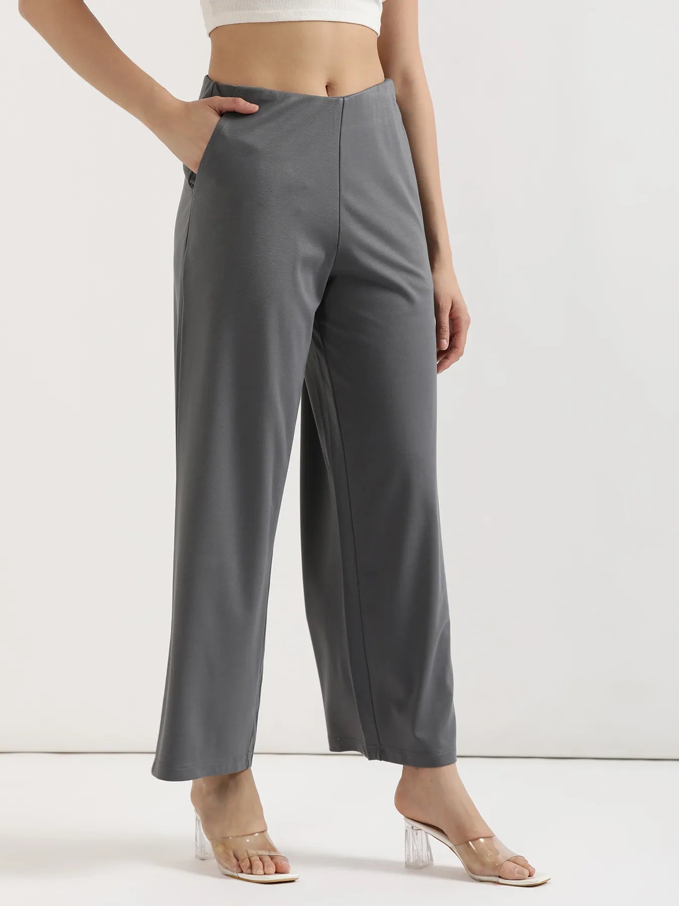 Women Cement Grey Wide Leg Pants