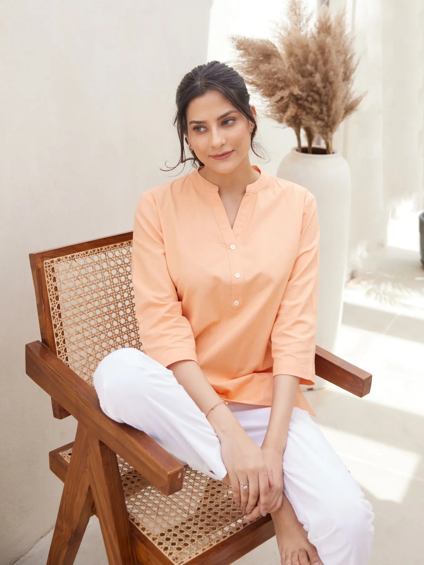 Peach Short Kurta with White Cotton Pant