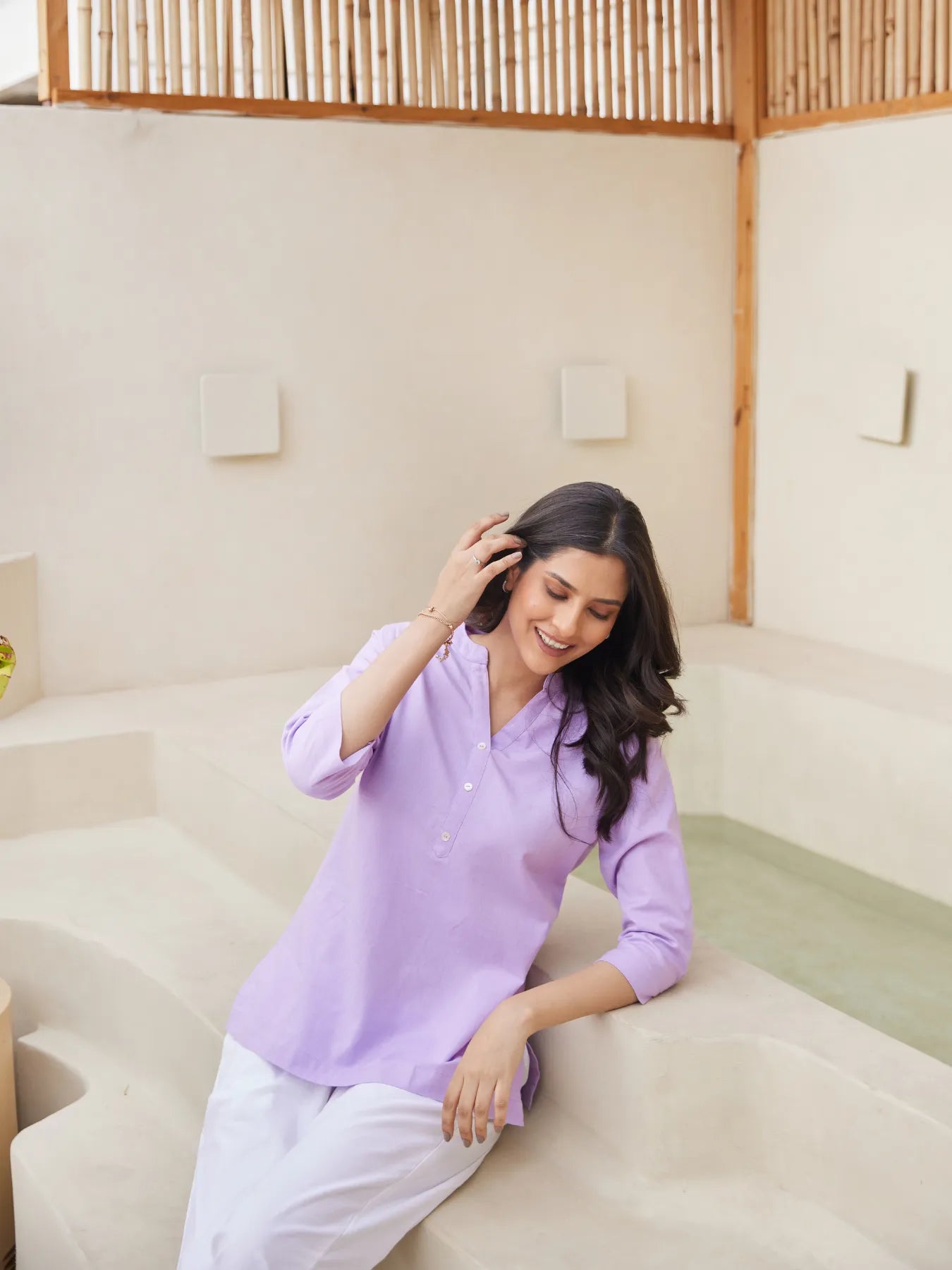 Lilac Short Kurta with White Cotton Pant