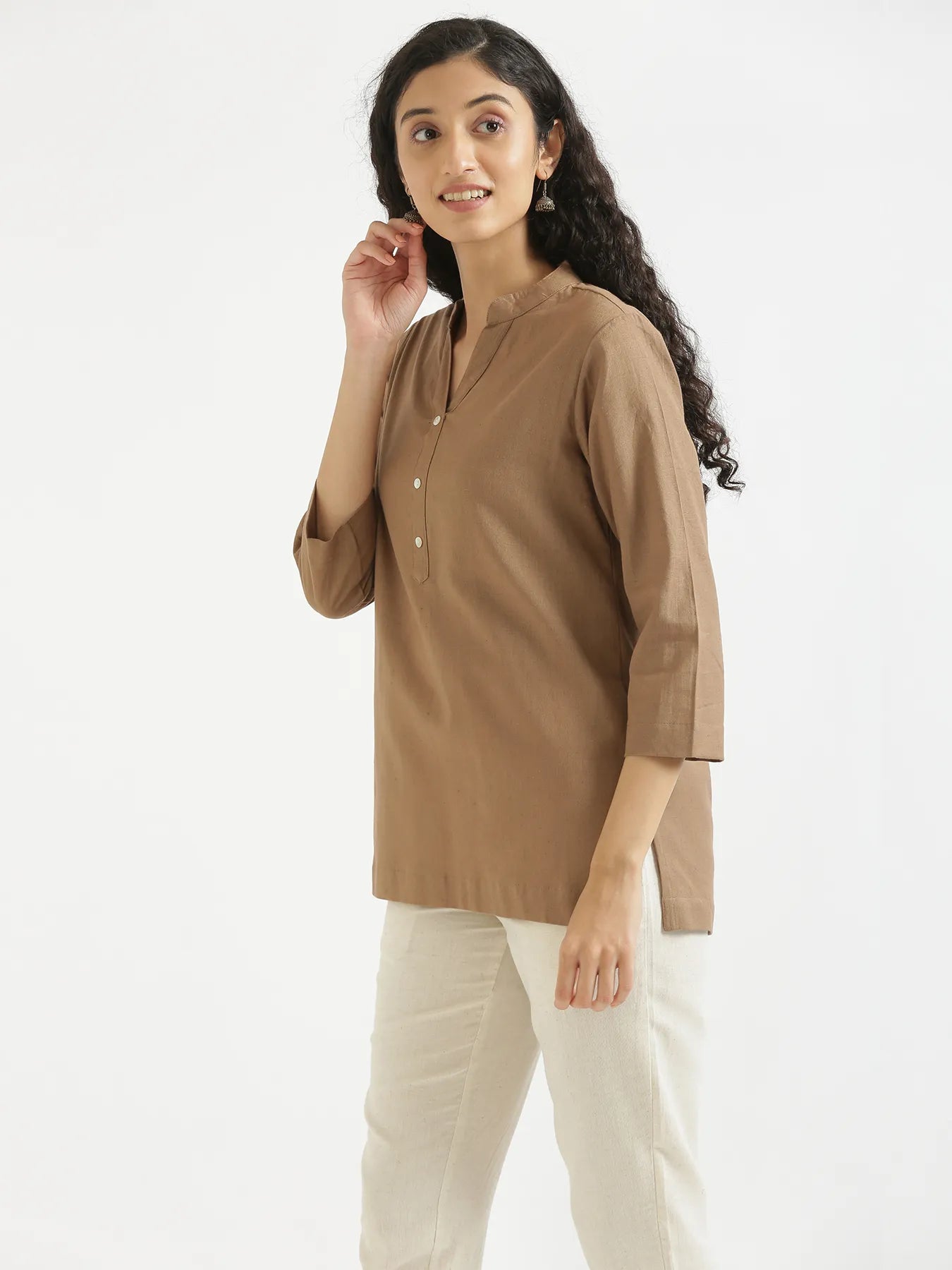 Women Coffee Brown Airy Linen Short Kurta