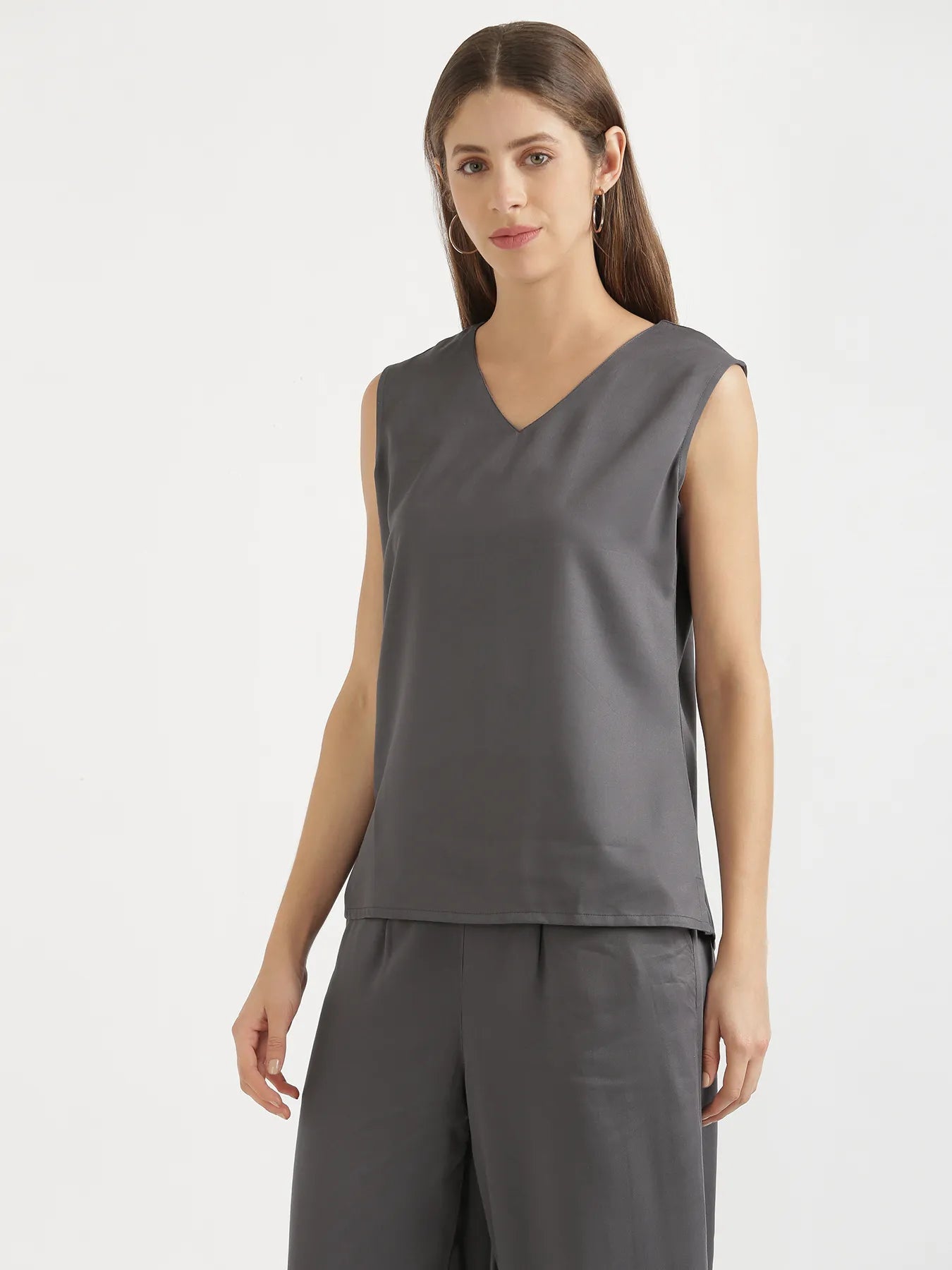 Women Grey V-Neck Sleeveless Top